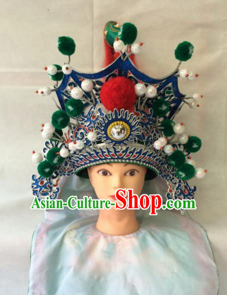 Asian Chinese Traditional Beijing Opera Takefu Headwear Ancient General Green Helmet Hat for Men