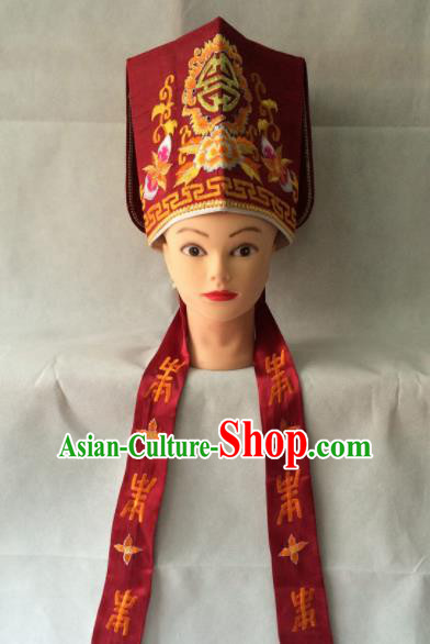 Asian Chinese Traditional Beijing Opera Old Men Headwear Ancient Landlord Red Hat for Men