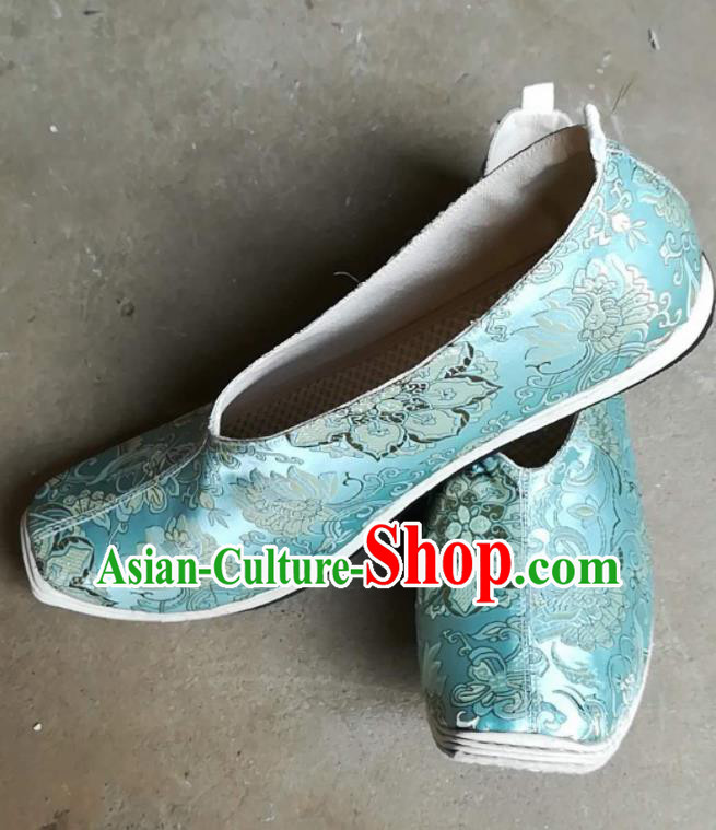 Asian Chinese Traditional Hanfu Shoes Ancient Song Dynasty Blue Brocade Shoes for Men