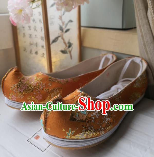 Asian Chinese Traditional Shoes Ancient Song Dynasty Orange Brocade Shoes Hanfu Shoes for Women