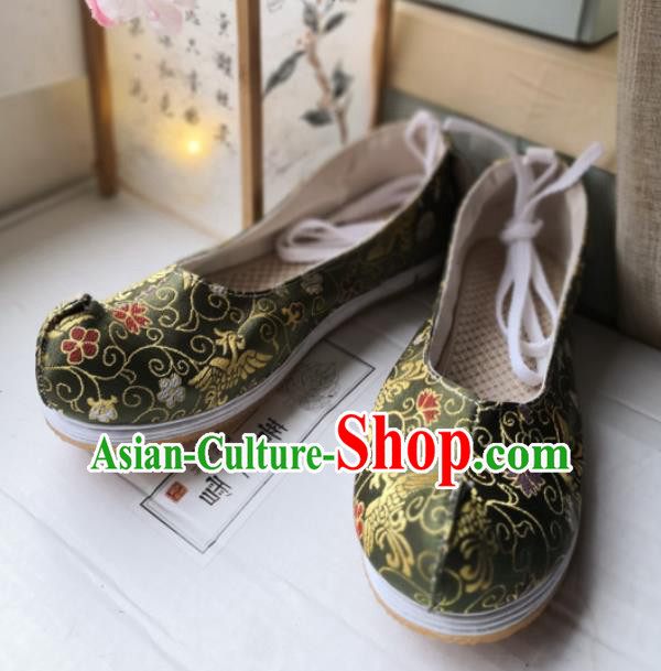 Asian Chinese Traditional Shoes Ancient Song Dynasty Green Brocade Shoes Hanfu Shoes for Women