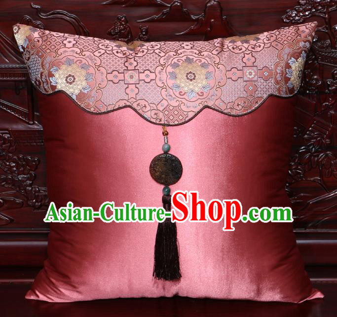 Chinese Classical Peony Pattern Jade Pendant Pink Brocade Square Cushion Cover Traditional Household Ornament