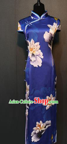 Asian Chinese Traditional Costume National Qipao Dress Blue Silk Cheongsam for Women