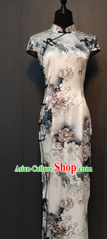Asian Chinese Traditional Costume National Qipao Dress Printing Peony White Silk Cheongsam for Women
