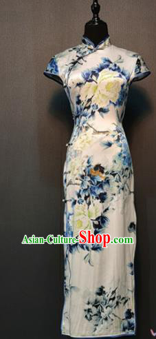 Asian Chinese Traditional Costume National Qipao Dress Printing Peony Cheongsam for Women