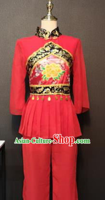 Asian Chinese Traditional Folk Dance Costume New Year Fan Dance Red Clothing for Women