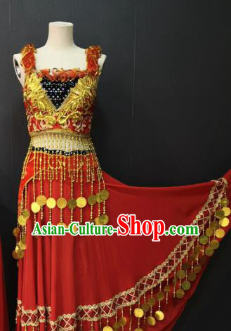 Asian Chinese Traditional Classical Dance Costume Ethnic Folk Dance Red Dress for Women