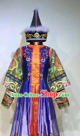Asian Chinese Traditional Folk Dance Costume Mongolian Ethnic Dance Blue Dress for Women