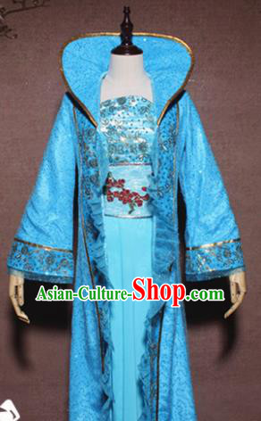 Traditional Chinese Ancient Drama Tang Dynasty Princess Costume Blue Hanfu Dress for Women