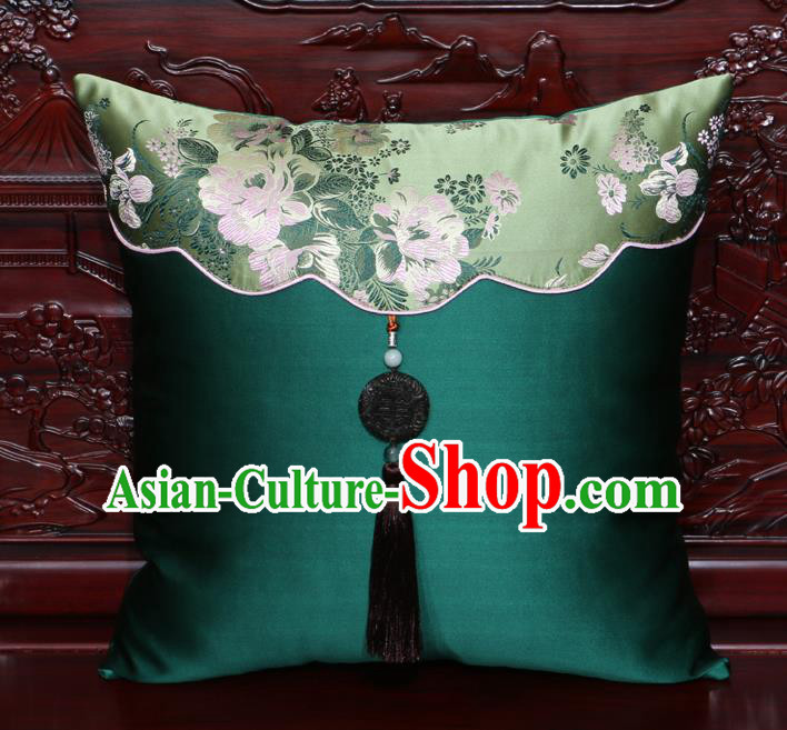 Chinese Classical Peony Pattern Jade Pendant Green Brocade Square Cushion Cover Traditional Household Ornament