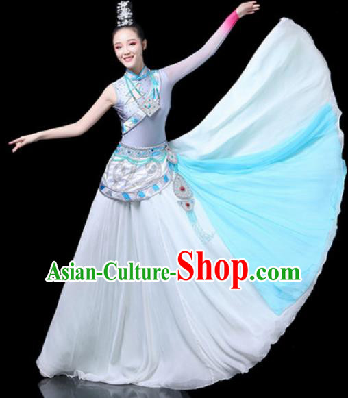 Chinese Traditional Ethnic Dance Costume Zang Nationality Dance Blue Dress for Women