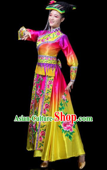Chinese Traditional Ethnic Dance Costume Yi Nationality Dance Rosy Dress for Women