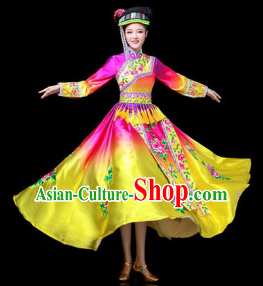 Chinese Traditional Ethnic Dance Costume Yi Nationality Dance Rosy Dress for Women