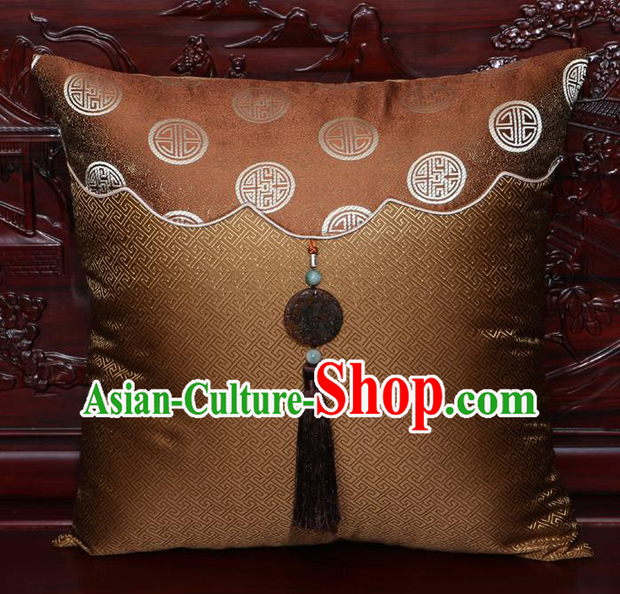 Chinese Classical Pattern Jade Pendant Brown Brocade Square Cushion Cover Traditional Household Ornament