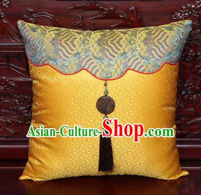 Chinese Classical Pattern Jade Pendant Golden Brocade Square Cushion Cover Traditional Household Ornament