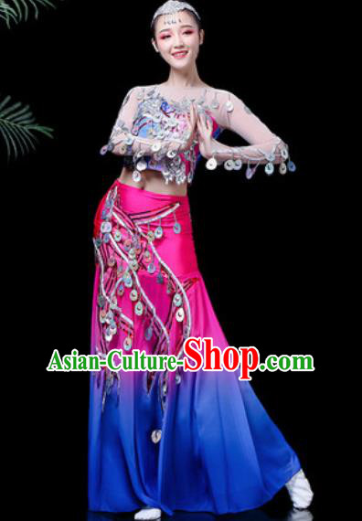 Chinese Traditional Ethnic Dance Costume Dai Nationality Peacock Dance Rosy Dress for Women
