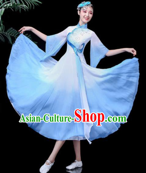 Traditional Chinese Classical Dance Costume Stage Performance Blue Dress for Women