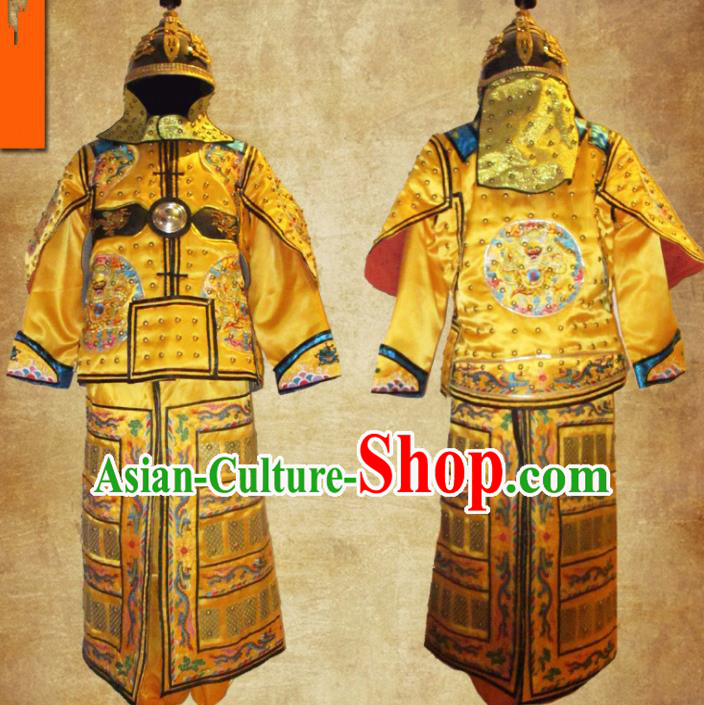 Chinese Qing Dynasty Manchu General Costume Ancient Drama Soldier Body Armor and Helmet Complete Set