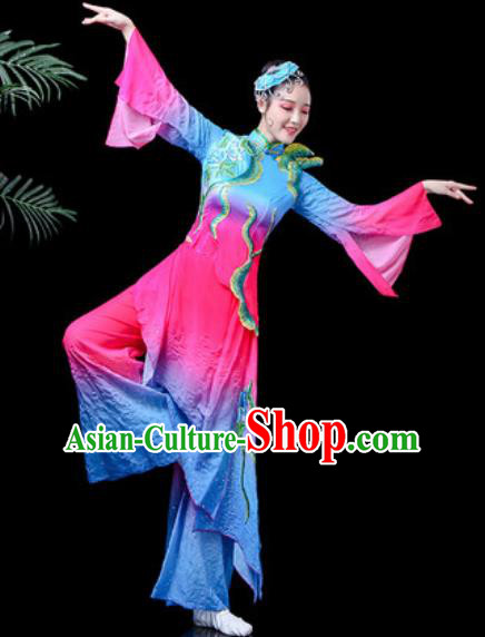 Traditional Chinese Folk Dance Costume Fan Dance Blue Clothing for Women