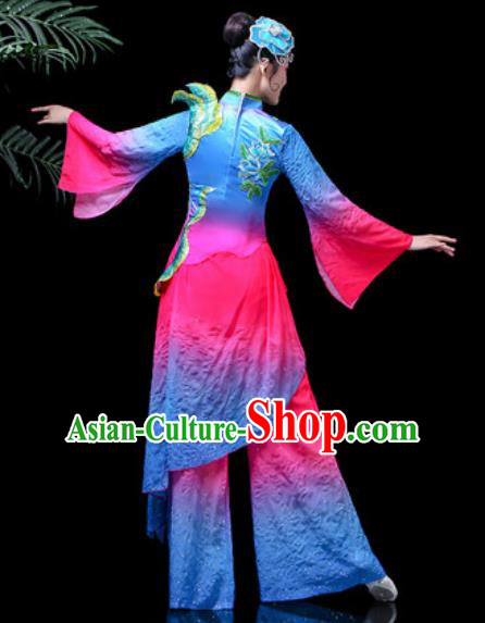 Traditional Chinese Folk Dance Costume Fan Dance Blue Clothing for Women