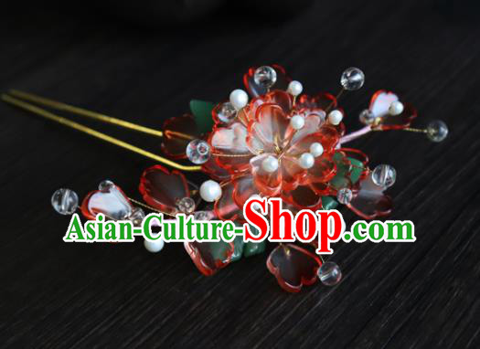Chinese Ancient Palace Hair Accessories Traditional Classical Red Flowers Hairpins for Women
