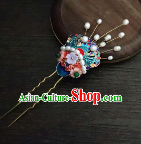Chinese Ancient Palace Hair Accessories Traditional Classical Blueing Pearls Hairpins for Women