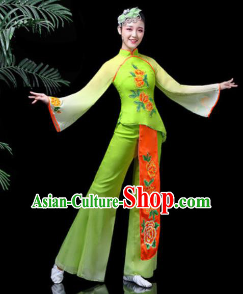 Traditional Chinese Stage Performance Folk Dance Costume Fan Dance Green Clothing for Women