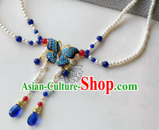 Chinese Ancient Palace Jewelry Accessories Traditional Classical Hanfu Blueing Butterfly Pearls Necklace for Women