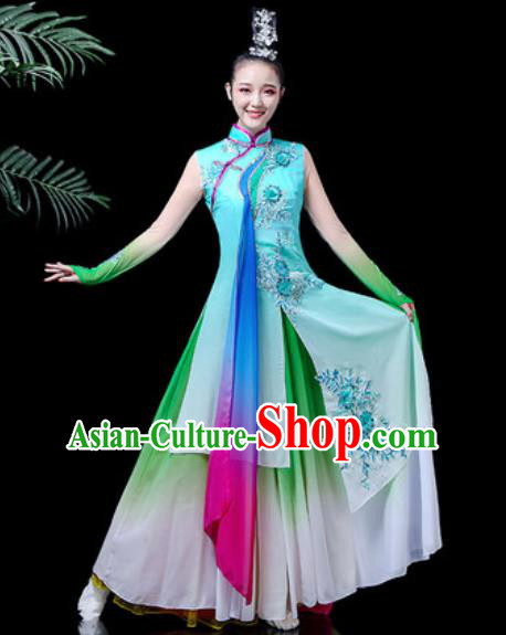 Traditional Chinese Classical Dance Costume Umbrella Dance Stage Performance Blue Dress for Women