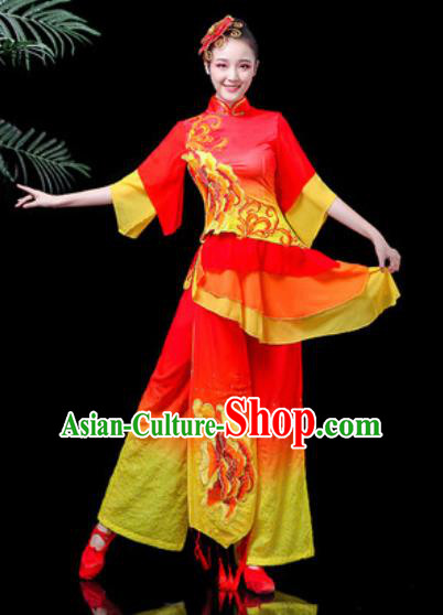 Traditional Chinese Stage Performance Costume Folk Dance Fan Dance Printing Peony Red Clothing for Women