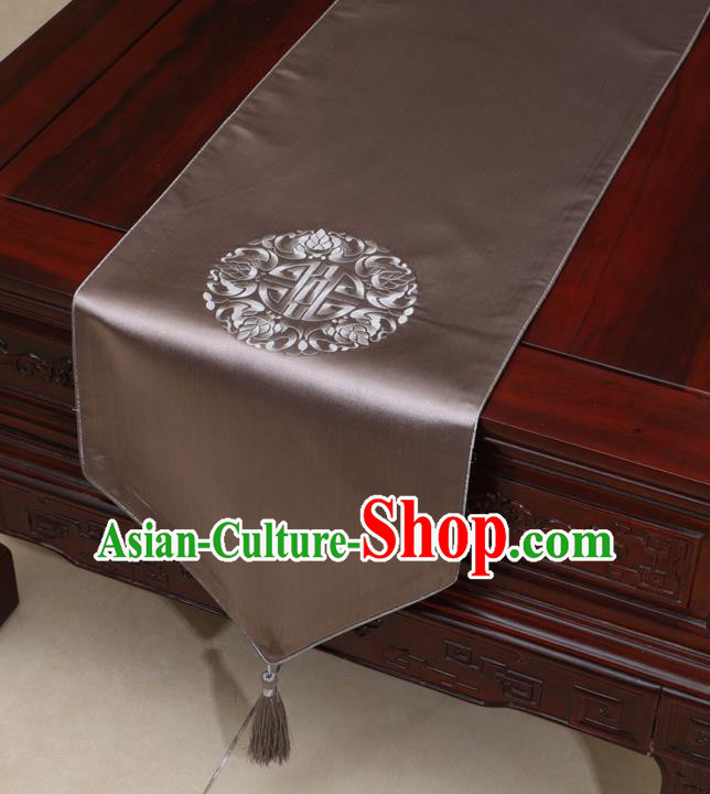 Chinese Classical Embroidered Pattern Brown Brocade Table Flag Traditional Satin Household Ornament Table Cover