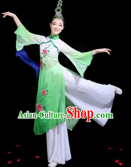 Traditional Chinese Stage Performance Costume Classical Dance Umbrella Dance Green Dress for Women