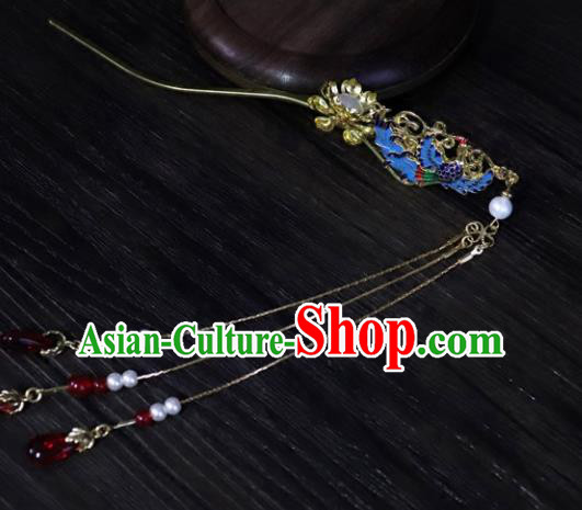Chinese Ancient Palace Hair Accessories Traditional Classical Blueing Phoenix Tassel Hairpins for Women