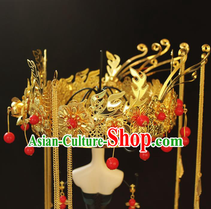 Chinese Ancient Palace Bride Hair Accessories Traditional Classical Golden Phoenix Coronet Hairpins for Women