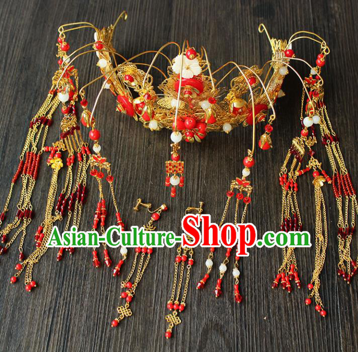 Chinese Ancient Palace Hair Accessories Traditional Wedding Classical Red Tassel Phoenix Coronet Hairpins for Women