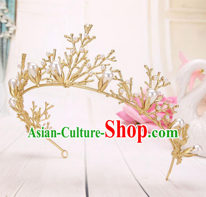 Top Grade Handmade Hair Accessories Classical Bride Golden Branch Royal Crown for Women