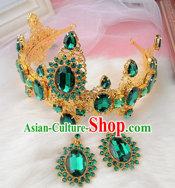 Top Grade Handmade Hair Accessories Classical Bride Green Gem Royal Crown and Earrings for Women