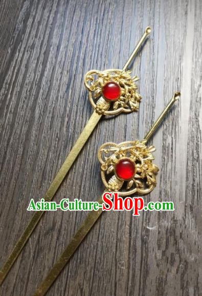 Chinese Ancient Princess Hair Accessories Traditional Red Gem Golden Hairpins for Women
