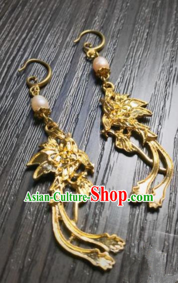 Chinese Ancient Jewelry Accessories Traditional Classical Golden Phoenix Earrings for Women