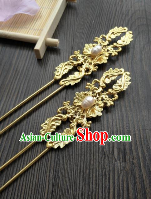 Chinese Ancient Princess Hair Accessories Traditional Pearls Golden Hairpins for Women