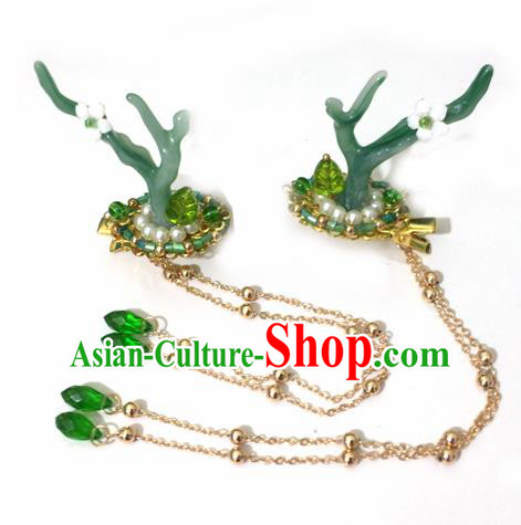 Chinese Ancient Hanfu Tassel Hair Accessories Traditional Green Dragon Horn Hair Claws Hairpins for Women