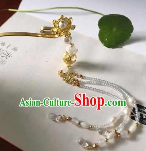 Chinese Ancient Hanfu Hair Accessories Traditional White Beads Tassel Lotus Hairpins for Women