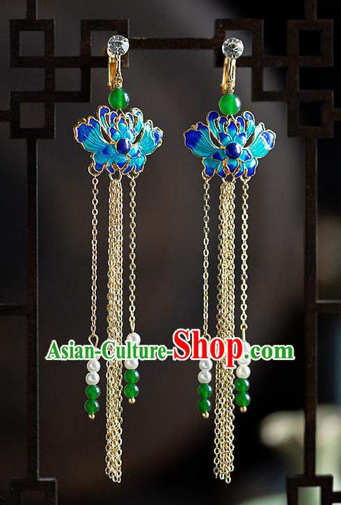 Chinese Ancient Hanfu Jewelry Accessories Traditional Wedding Tassel Blueing Earrings for Women