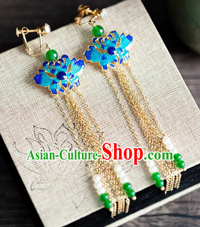 Chinese Ancient Hanfu Jewelry Accessories Traditional Wedding Tassel Blueing Earrings for Women