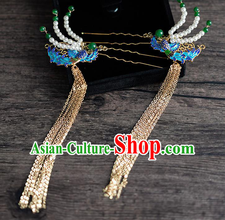 Chinese Ancient Hanfu Hair Accessories Traditional Wedding Blueing Phoenix Golden Tassel Hairpins for Women
