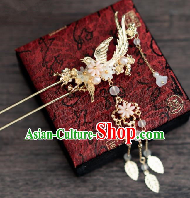 Chinese Ancient Hanfu Wedding Hair Accessories Traditional Golden Bird Tassel Hairpins for Women