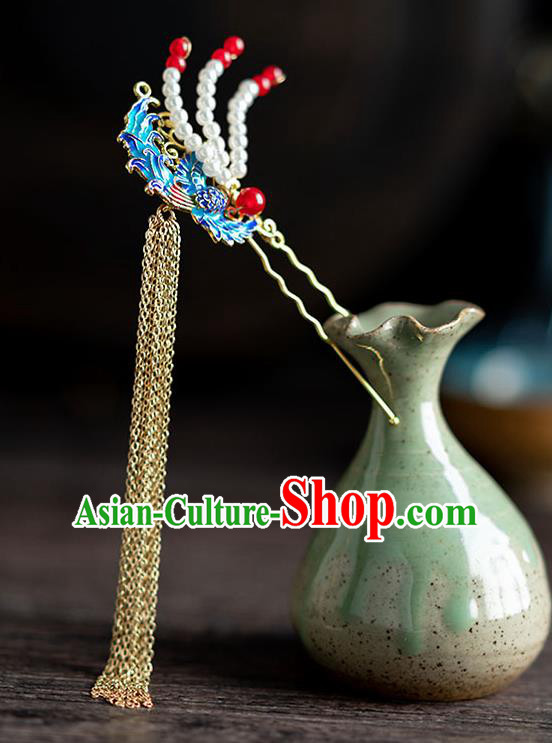 Chinese Ancient Hanfu Hair Accessories Traditional Wedding Blueing Phoenix Tassel Hairpins for Women