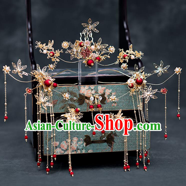 Chinese Ancient Hanfu Wedding Hair Accessories Traditional Bride Tassel Hairpins Hair Combs for Women