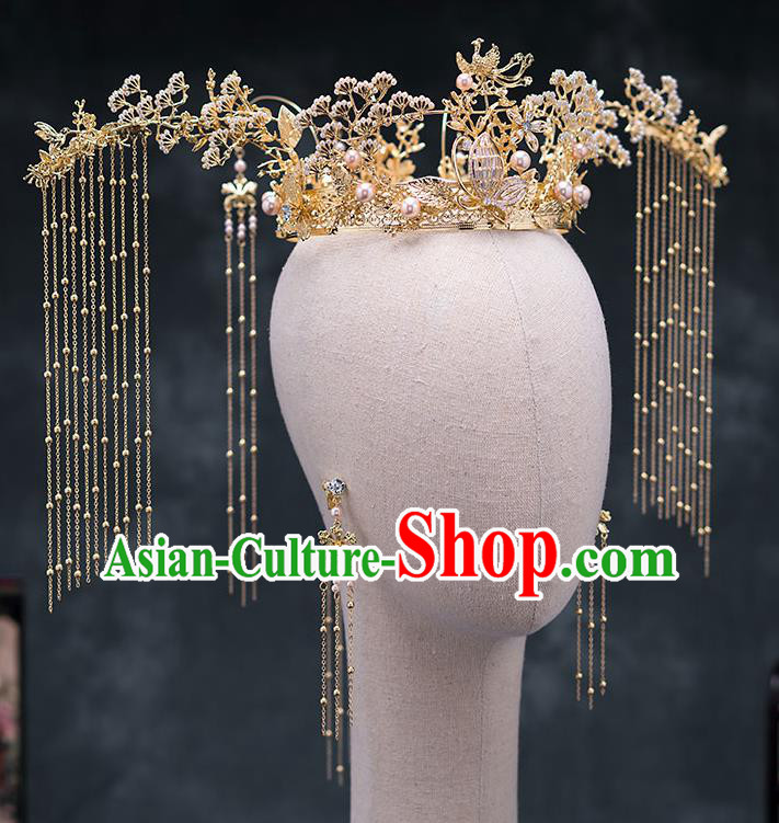Chinese Ancient Wedding Hair Accessories Traditional Bride Hanfu Hairpins Golden Pineburst Phoenix Coronet for Women