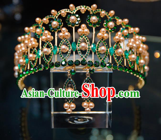 Handmade Baroque Hair Accessories Princess Wedding Green Gem Pearls Royal Crown for Women